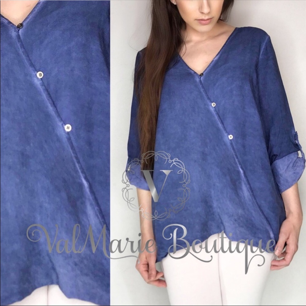 Denim Colored Surplice Button Blouse - Picture 6 of 7